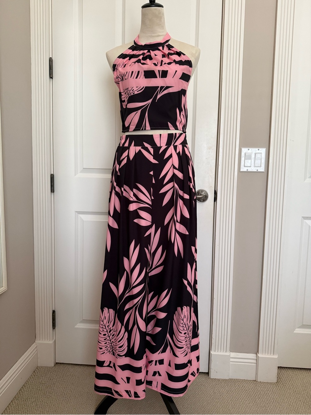 Pink & Black Halter Crop Two-Piece Jumpsuit